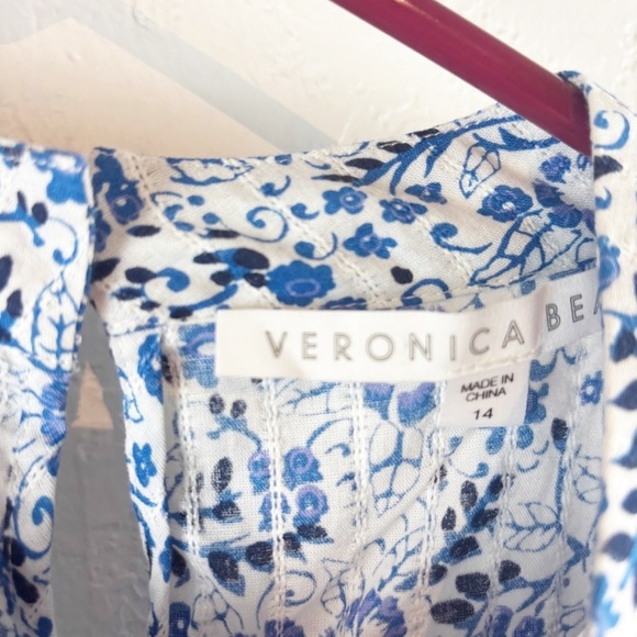 Veronica Beard Sol Floral Printed Lace Ruffle Blouse Blue Size 14 Casual Cotton - Picture 3 of 7